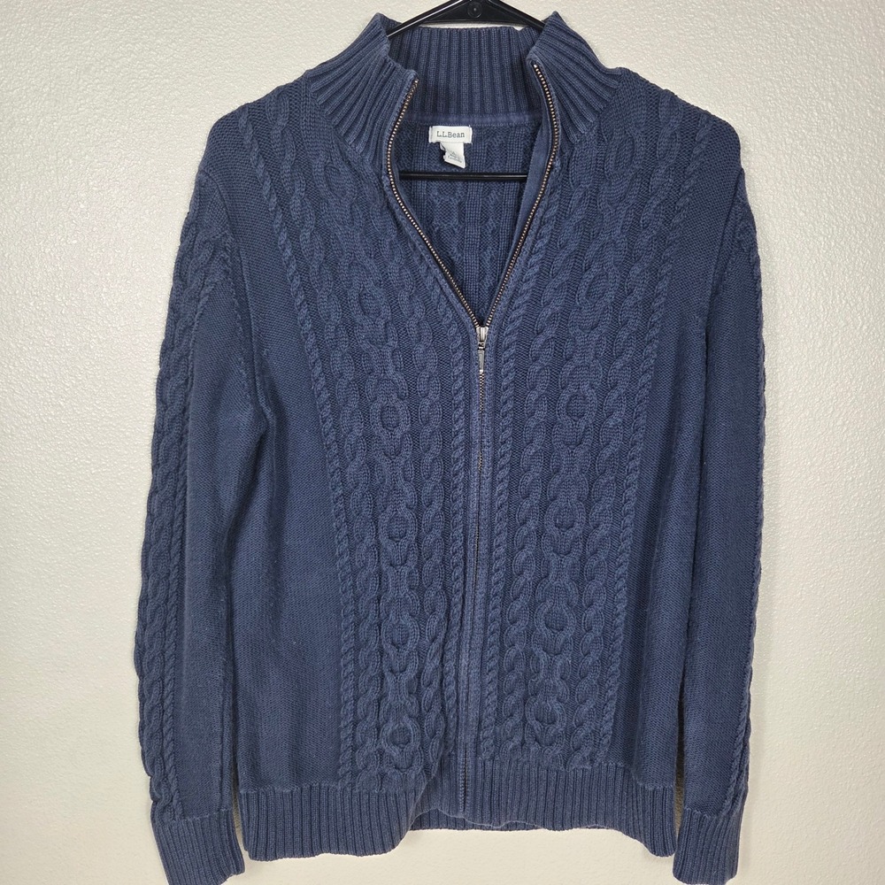 L.L.Bean Women's M Cable Knit Full Zip Cardigan Navy Blue 100% Cotton